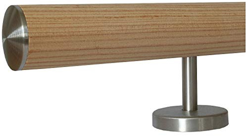 Pasamanos de alerce sin tratar de montaje (también apto para exteriores), diámetro de 42 mm, con soporte recto de acero inoxidable y diferentes topes.