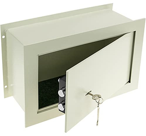 PrimeMatik - Versenkt Wandtresor Stahl mit Schlüssel Mauertresor Möbeltresor Wandeinbautresor 36x15x23cm beige