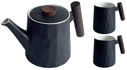 Dekomiro Set 3 Teil. Teeservice TeaLogic Teekanne Negra mit Holzgiff und 2 Becher Negra mit Holzgiff