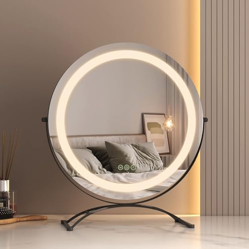 EMKE Hollywood Spiegel mit 3 Lichtfarben, Φ40CM Schminkspiegel mit Beleuchtung, Smart-Touch Schminktisch Spiegel mit Licht 360° drehbar, dimmbar und mit Memory-Funktion - Schwarz