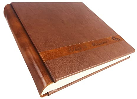 Album Fotografico Artigianale - Marte - in Similpelle pregiato con Inserto in Vero Cuoio, Personalizzabile con Incisione. Ideale per Qualsiasi Evento (Marrón Claro/Cuero Miel)