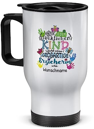 Tassendruck Edelstahl-Thermobecher selbst gestalten mit Name - Hinter jedem Kind steht - Geschenke für Erzieherin Abschiedsgeschenk, Coffee to Go Becher | Personalisiertes Geschenk, Weiß, 390 ml