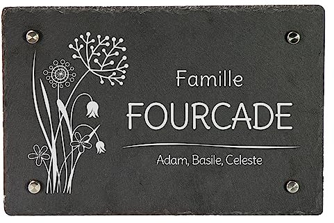 LAUBLUST Plaque porte en ardoise personnalisée - Motif Floral - Plaque d'entrée & plaque de maison avec nom de famille | 3 tailles, 4 supports muraux en acier inoxydable