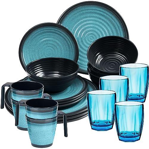 Melamin Geschirr Set 20 Teile elegante Steingut Optik blau Tassen 320ml 4