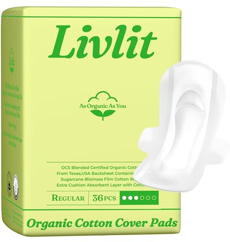 Livlit Regular Size Ultra Thin Sanitary Pads, 100% Organic Cotton from Texas, Powerful Leak Protection, Unscented, Chlorine Free and Absorbency of Feminine Periods, Pads for Women (36 Count)