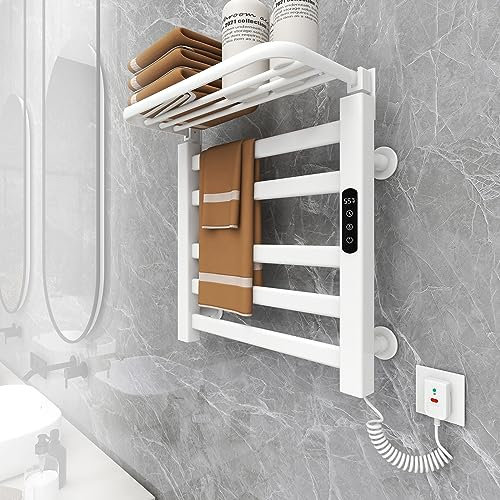 Radiador Toallero Electrico Bajo Consumo Tiempo 1-9H, LCD Control Táctil Toallero Electrico Baño, Ajuste de Temperatura 85-158 ℉, 4 Modos, Estante Plegable de 90°,Sistemas de Seguridad,Blanco