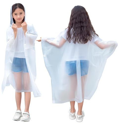 2 Pièces Imperméables en EVA pour Enfant, Cape de Pluie pour Garçons Filles, Unisexe Manteaux à Capuchon de Pluie, Réutilisable Poncho Vêtements de Pluie pour Extérieur/Camping/Paradis (Blanc)