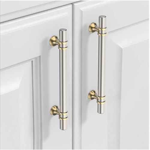 9BUILD 10 Stück Schrankgriffe Nickel Gold Lochabstand 128mm Griffe für Küchenschränke Gerändelte Möbelgriffe Küchengriffe griffe möbel Küchenschrank Schranktürgriffe EU0044