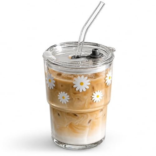 Olvini 391ml Glass Drinking Cup with Straw and Lid, Reusable Travel Cup for Water, Matcha and Coffee (Daisy)