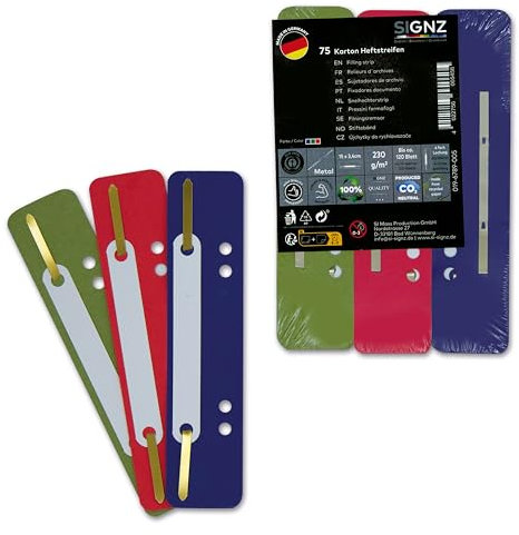 SIGNZ Heftstreifen Pappe, 75 Stück, 25 x 3 Farben, Recycling-Karton, CO2-neutral hergestellt, made in Germany (75 Stück, dunkel-blau, grün, rot)