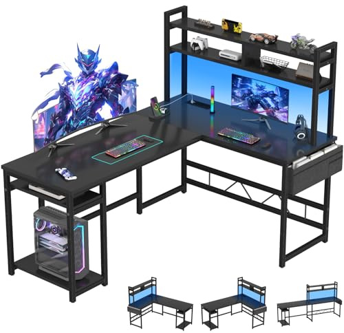 Flamaker L Shaped Gaming Desk with LED Lights & Power Strips, 120x160cm Reversible Corner Computer Desk with Storage Shelf and Hutch, Home Office Desk, Black