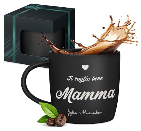 Maverton Tazza da caffè latte o tè in ceramica, 400 ml, Incisione | Personalizzata, Bicchiere con manico per bevande per Lei, Tazze da colazione per compleanno donna, Interno nero, mamma