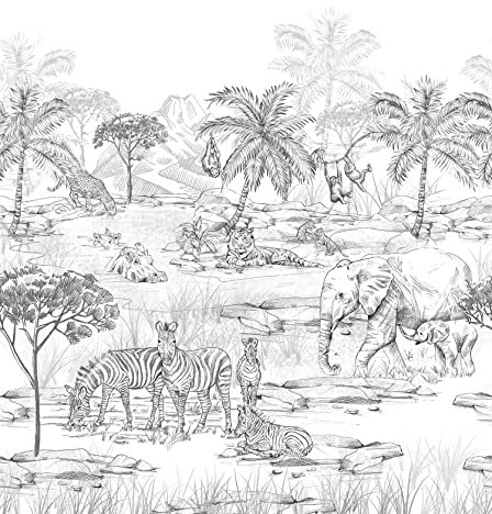 Esta Home fotomural animales de la selva blanco y negro 250 x 279 cm