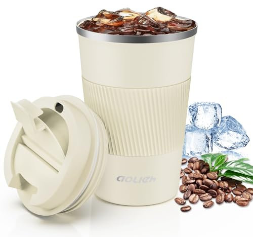 Aolieh Thermobecher, Kaffeebecher mit Auslaufsicherem Deckel, Thermobecher- Isolierbecher, Edelstahl Travel Mug, Kaffeebecher to go für heißes und kaltes Wasser Kaffee Tee (380ML, Sand)