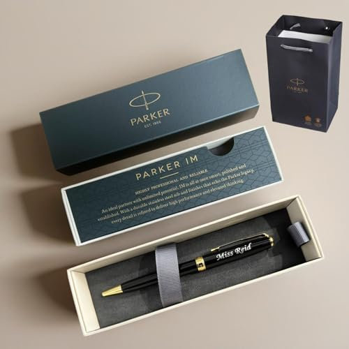 Personalised Engraved Premium Parker Stainless Steel Gold or Silver Trim Ballpoint Pen with Black Ink, Classy Gift Box and gift bag Custom Gift for Christmas, for Men and Women Enter Your Custom Text