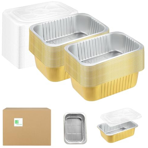 MESTAEK 11x8 Sturdy Foil Pans + Snap-On Lids (50 Packs) | 2X Thicker Heavy Duty Reusable Foil Tin 112oz | Grill Oven Microwavable Pan, | 3.3 Deep Disposable Aluminum Foil Pan for Baking, Cooking