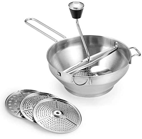 Food Mill Stainless Steel, Potato Ricer for Mashed Potatoes, with 3 Food Grinder Discs, Grain Mill Hand Crank for Mashing, Straining & Grating Fruits & Vegetables
