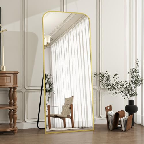 Koonmi Miroir sur pied avec cadre minimaliste 142 x 52 cm, miroir pleine longueur solide, sur pied, miroir pleine longueur léger, à suspendre au mur horizontal ou vertical, doré