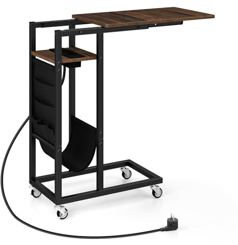 LIFEZEAL Beistelltisch mit Steckdose, C-förmiger Ablagetisch auf Rollen, Kleiner Sofatisch Notebooktisch mit Seitentasche, Laptoptisch für Wohnzimmer, Schlafzimmer (Braun)