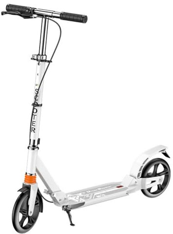 Klappbarer City Kickscooter, Höhenverstellbar Tretroller, 220 mm Big Wheel Scooter, Handbremse Hintere Scheibenbremse Kickroller für Kinder und Erwachsene bis 150 KG (Handbremse-Weiß)