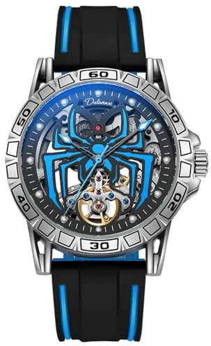 DAXIAOYU personlighet helautomatisk Tourbillon mekanisk klocka för män ihåligt skelett spindeldesign maskhål koncept klocka vattentät lysande mode trend armbandsur, BLÅ, Lyx