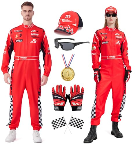 Coseaon Costume da pilota uomo e donna, tuta da corsa con cappello, occhiali da sole, cintura, Halloween, carnevale, adulti, Racer set completo (rosso, XXL)