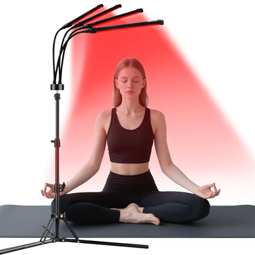 Trayvespace Red Light Lamp with Stand, 32W 4-Head Infrared Lamp, 180 LEDs, LED Red Light with 660nm 850nm 940nm Near Infrared Light, Non-Heating Floor Lamp for Home Use, Timer, 5 Brightness Levels