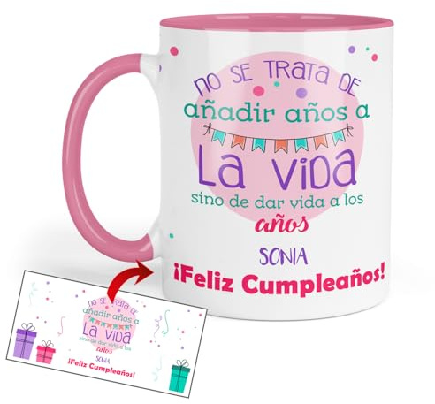Kembilove® Taza Cumpleaños Personalizada con Nombre | Frase Divertida y Emotiva | Regalo Original para Mujer | Taza Cerámica 330ml | Feliz Cumpleaños con Mensaje Inspirador