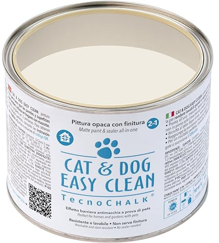 TecnoChalk® Pittura Opaca Antimacchia CAT & DOG EASY CLEAN® - Rende Lavabili Pareti e Superfici Porose - Crea una Barriera Antisporco - Per Casa e Giardino, a Prova di Pets! Avorio RAL 9010 (500 ml)