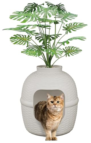 Sunvivi Katzenklo Blumentopf mit 12 Monstera Blättern, XXL Versteckte Katzentoilette aus Premium PP, Design Katzenklo mit Kieselsteinen, leicht zu reinigen, 45,5x45,5x51cm