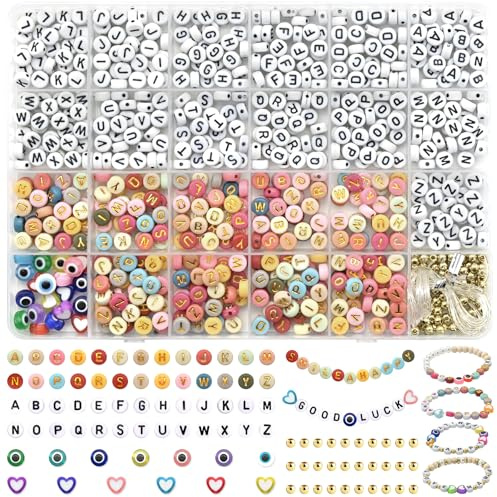 FEMBW Bokstavspärlor för armband 1 000 stycken 7 mm A-Z runda bokstäver pärlor set med kärlek och onda öga, alfabetspärlor för armband hårband smycken hantverk