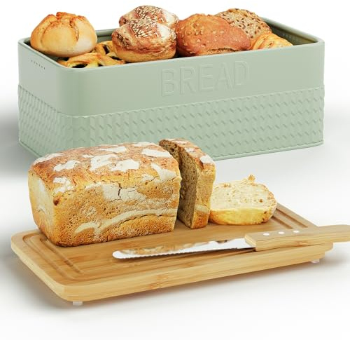 Bread Box for Kitchen Countertop,Metal Bread Storage Bin with Bamboo Cutting Board Lid, Includes Bread Knife, Fits Sourdough & Buns, Stylish Organize (Green)