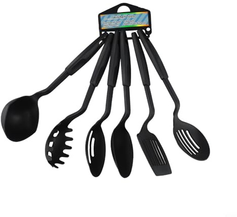CashMuch Set di 6 utensili da cucina in nylon antiaderente con paletta, scolapasta, mestolo, pancake per tornitore, scanalato per tornitore, bistecca in polvere