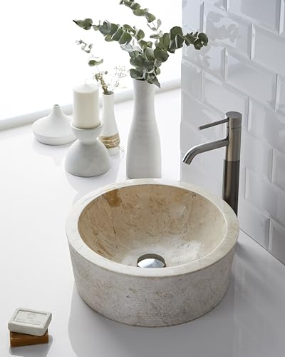 MG Valencia BAHÍA CREAM Vasque à Poser en Pierre. Lavabo Salle de Bain, Ronde, Crème, Lavabo WC, 100% Marbre, Design Minimaliste, LxLxH:40x40x15cm (Crème)