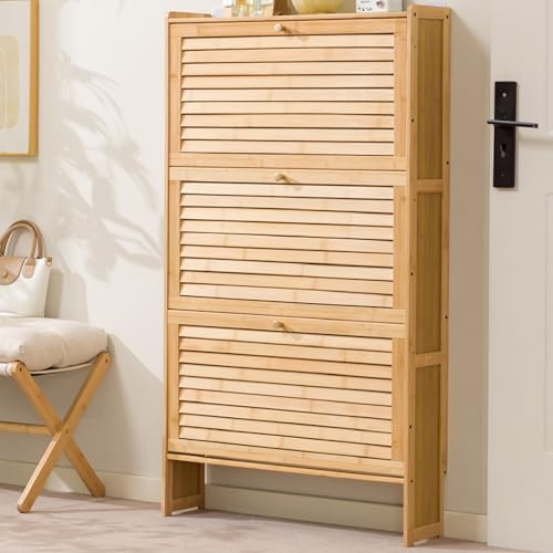 Scarpiere in Bambù con Ante a Persiana e Ante a Ribalta, Mobile Contenitore di Grande Capacità Portascarpe Armadio per L'ingresso, Il Corridoio o Il Soggiorno(Yellow,50x17x120cm/20x7x47in)