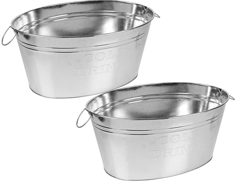 Set of 2 Galvanised Metal Drinks Ice Buckets with Handles, 20L Beer Wine Cooler Tubs, Oval Drinks Ice Cooler Buckets