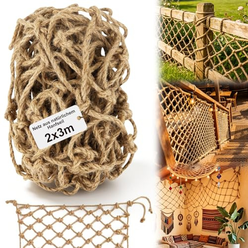 YIYICO Sicherheitsnetz Schutznetz Kinder Seilnetz Hanfseilnetz 4mm 2x3m | Hanfnetz Outdoor Ranknetz Jute Netz Pflanzen Deckennetz Hindernisschutz für Balkone Treppe Gärten Spielplätz