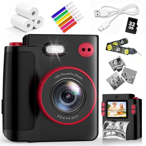 Kids Instant Print Camera with 32GB Memory Card, Black, 2.0 Inch LCD Screen, Dual Camera, 1080P Video, 16X Digital Zoom, Type-C, 3 Rolls Print Paper and Colour Pens, Gift for Kids