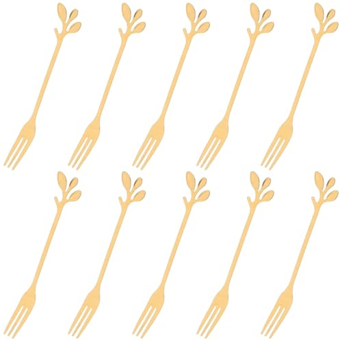 Feuille Or Fourchettes à Dessert Lot de 10, en Acier Inoxydable | Portable et Compact, Léger, Facile à Nettoyer, pour Voyage et Cocktails, Fourchette à Escargot