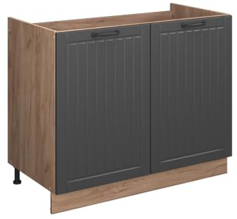 Vicco Spülenunterschrank Fame-Line, Dunkelgrau/Goldkraft Eiche, 100 cm | MDF-Front · Ohne Arbeitsplatte · Höhenverst. Füße · Metallgriffe · Soft-Close
