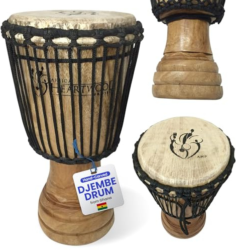 Africa Heartwood Project Hand-Carved Djembe Drum from Ghana - 8x16 Authentic Classical African Djembe - Solid Wood Shell & Natural Goat Skin - Ready to Play Out of the Box Musical Instrument
