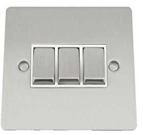Light Switch 3 Gang - Satin Matt Chrome Flat - White - Metal Rocker - 10 Amp Triple Switch 2 Way