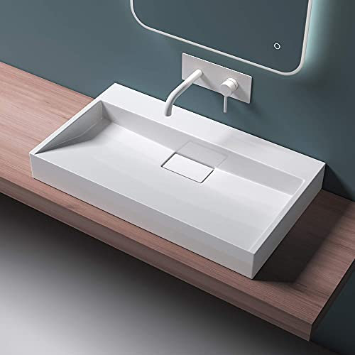 Mai & Mai Lavabo sobre Encimera Lavabo Suspendido Baño | Rectangular | Blanco Brillante | Mármol Fundido | 70x46x11cm | sin Orificio para Grifo con Válvula de Desagüe | Colossum19