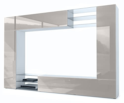 Vladon Wohnwand Mirage, Made in Germany, Anbauwand mit Rückwand mit 2 Türen, 2 Klappen und 6 offenen Glasablagen, Weiß matt/Sandgrau Hochglanz (262 x 183 x 39 cm)