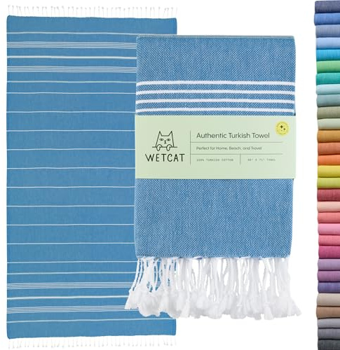 WETCAT Turkish Beach Towel Oversized (38x71) 100% Turkish Cotton, Made in Turkey - Sand Free, Extra Large, Ultra Soft, Quick Drying, Compact & Lightweight for Travel - Blue