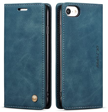 QLTYPRI Hülle für iPhone SE 2022 5G/SE 2020/8/7, Vintage Dünne Handyhülle mit Kartenfach Geld Slot Ständer PU Ledertasche Flip Schutzhülle für iPhone 7/8/SE 2/SE 3 - Blau