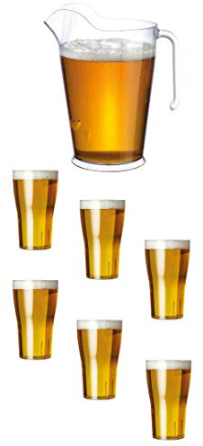 AIOS Pitcher & Pint Glasses Set. Includes a 3 Pint Pitcher and 6 Unbreakable Plastic Pint Glasses.