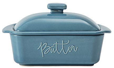 FE Butter Dish, 10 oz Ceramic Butter Keeper with Water Line, French Butter Dish with Lid for Countertop (Blue)
