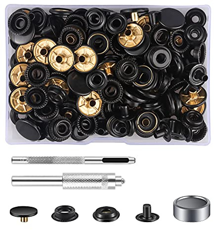 Druckknopf Set 37 Teile mit Installationswerkzeug, Schwarz Druckknöpfe ohne Nähen für Jeans, Lederjacken, Hosen, Reparatur (Schwarz)