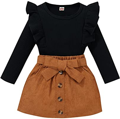 Geagodelia Ensemble de Vêtements Bébé Fille Enfant 2PCS Jupe à Boutons et Haut Pull Manches Longues en Tricot Côtelé à Volants Tenue Set Chic d 'Automne Hiver (Noir, 4 Ans)